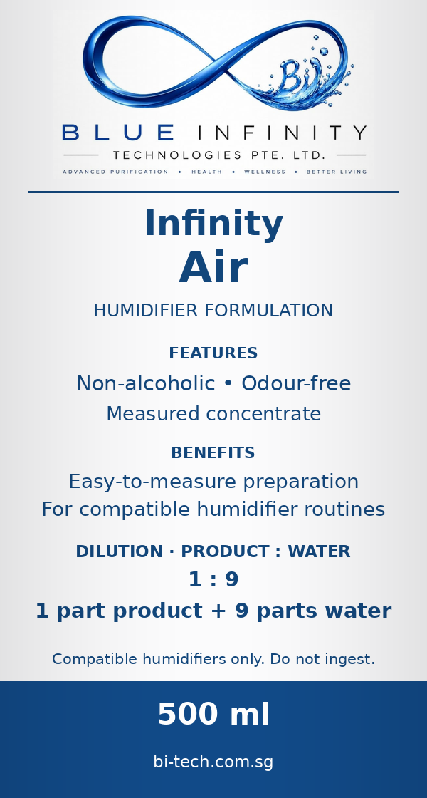 Infinity Air bottle label: features, benefits and dilution