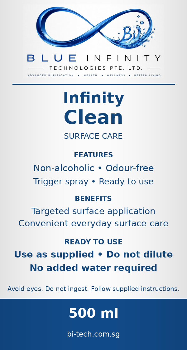 Infinity Clean bottle label: features, benefits and dilution