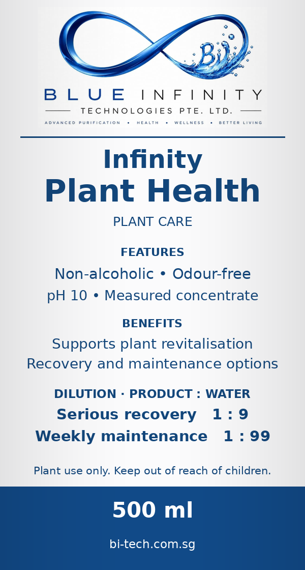 Infinity Plant Health bottle label: features, benefits and dilution