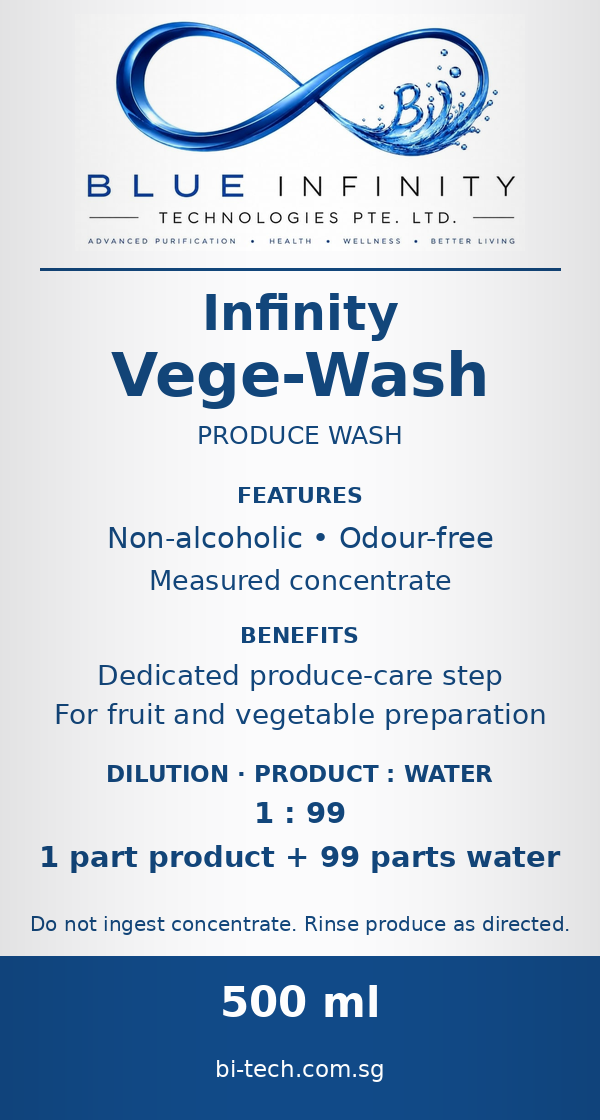 Infinity Vege-Wash bottle label: features, benefits and dilution
