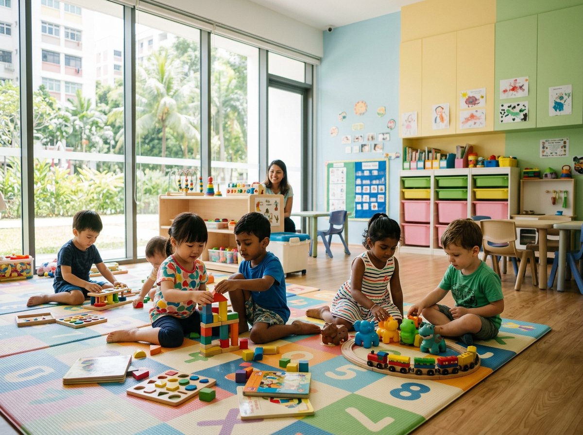 Toddlers playing on a floor mat with wooden and plastic toys at a childcare centre