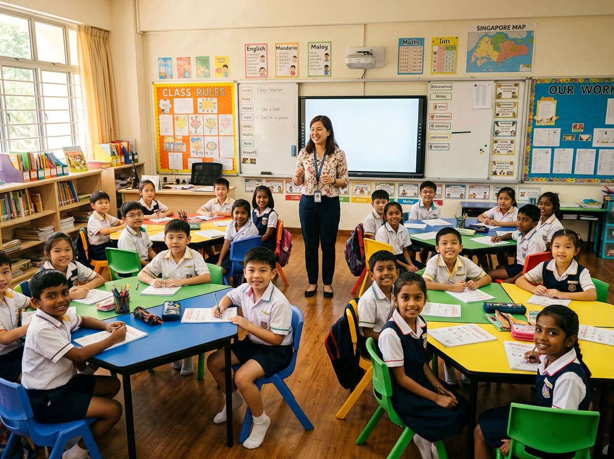 A bright classroom in Singapore full of primary-school children at colourful desks