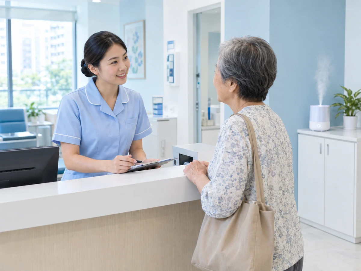 A nurse helping an elderly woman at a clinic registration counter, with a humidifier running in the background