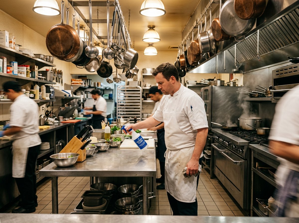 A chef spraying a stainless steel prep table with Infinity Clean in a commercial kitchen