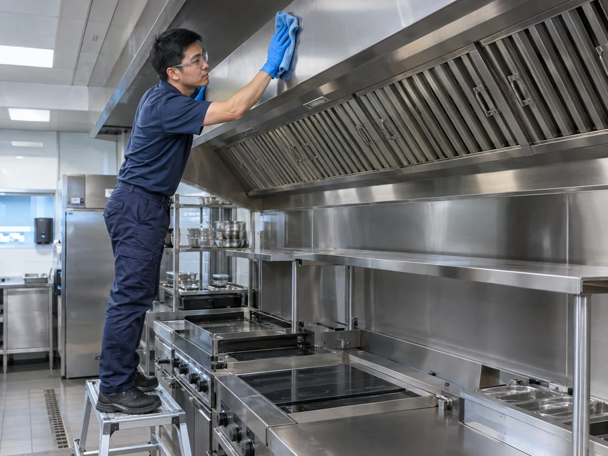 A man cleaning the exhaust hood in a commercial kitchen