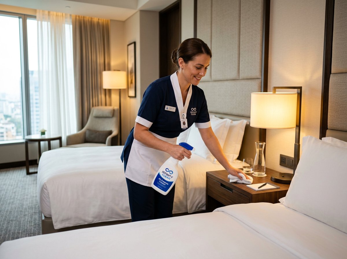 A hotel housekeeper spraying Infinity Clean on a nightstand while cleaning a hotel room