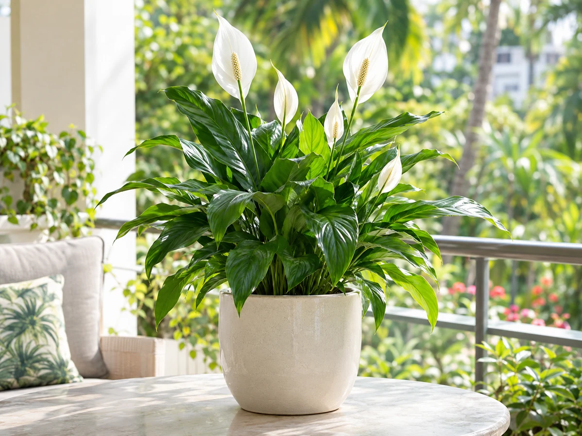 A lush green potted plant with white flowers