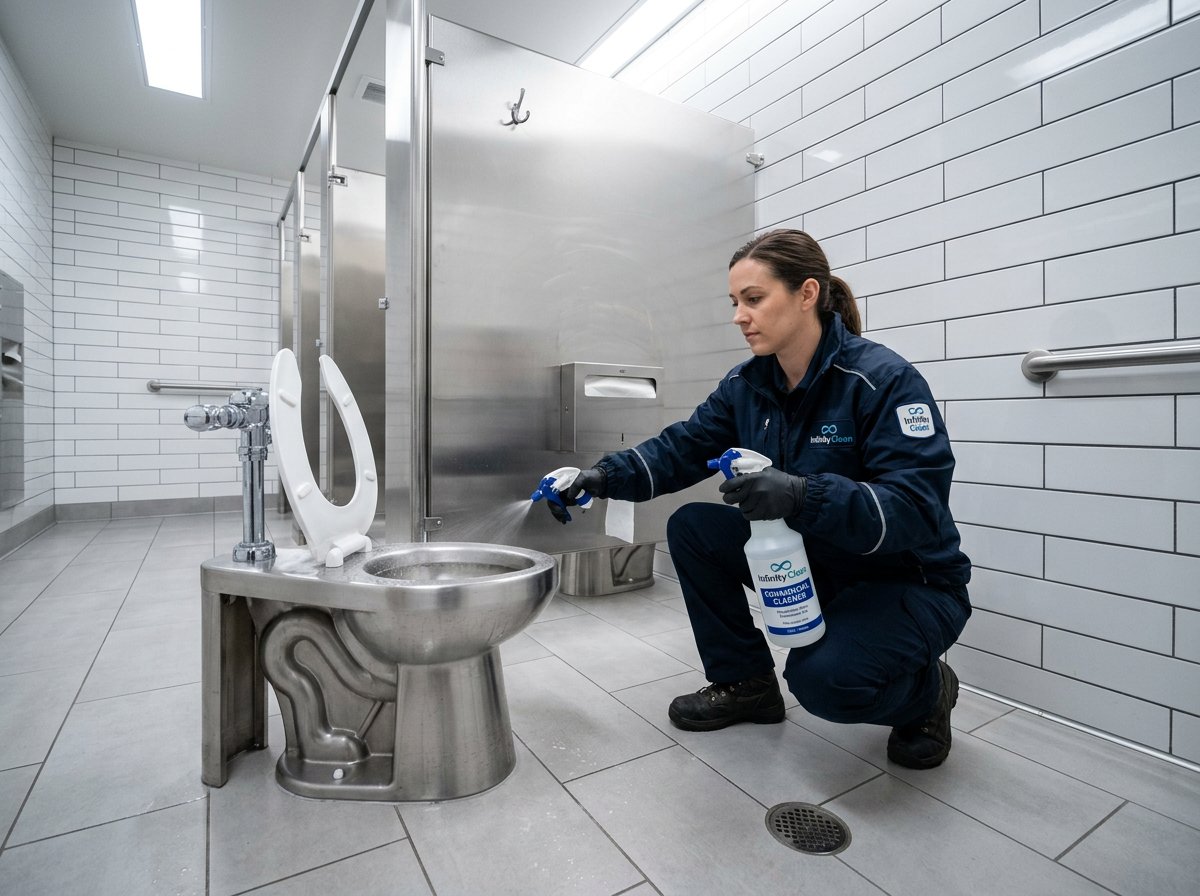 A commercial cleaner in uniform spraying a public restroom with Infinity Clean