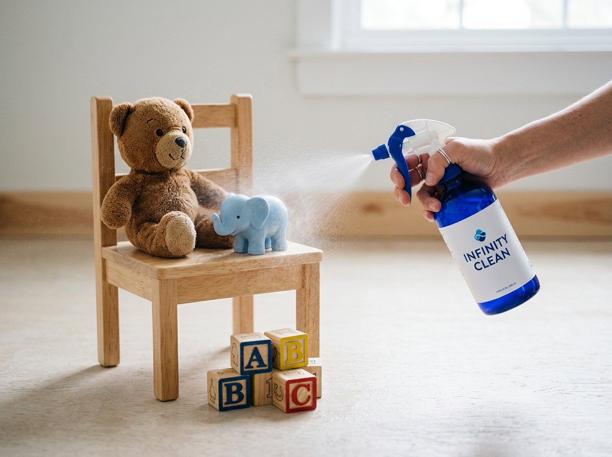 A hand spraying Infinity Clean over a stuffed teddy bear, wooden blocks and a small child's chair
